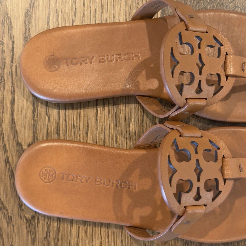 Tory Burch Miller Calf Leather Soft Sandals Women’s Sz 5.5 Bourbon Miele Emblem - Picture 7 of 9